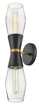 20W LED 2?Light 22in. Wall Sconce in Black with Lacquered Brass & Clear Glass 