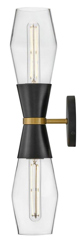 20W LED 2?Light 22in. Wall Sconce in Black with Lacquered Brass & Clear Glass 