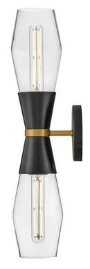 20W LED 2?Light 22in. Wall Sconce in Black with Lacquered Brass & Clear Glass 