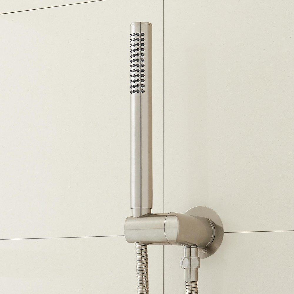 Pressure Balanced Shower System in Brushed Nickel with Shower Head, Hand Shower, Shower Arm, Hose, and Valve Trim 