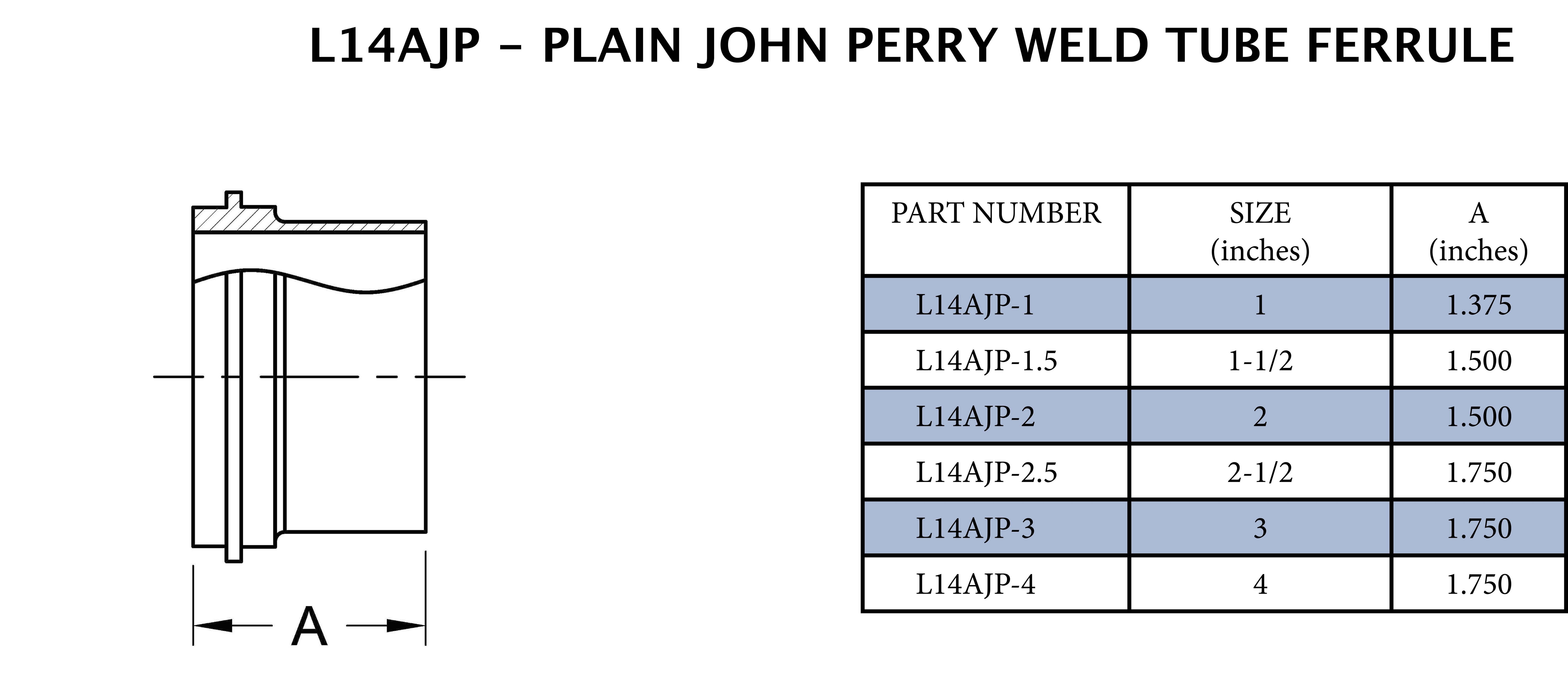 Sanitary 2 in. 316L Stainless Steel Plain John Perry x Medium Weld End Ferrule 