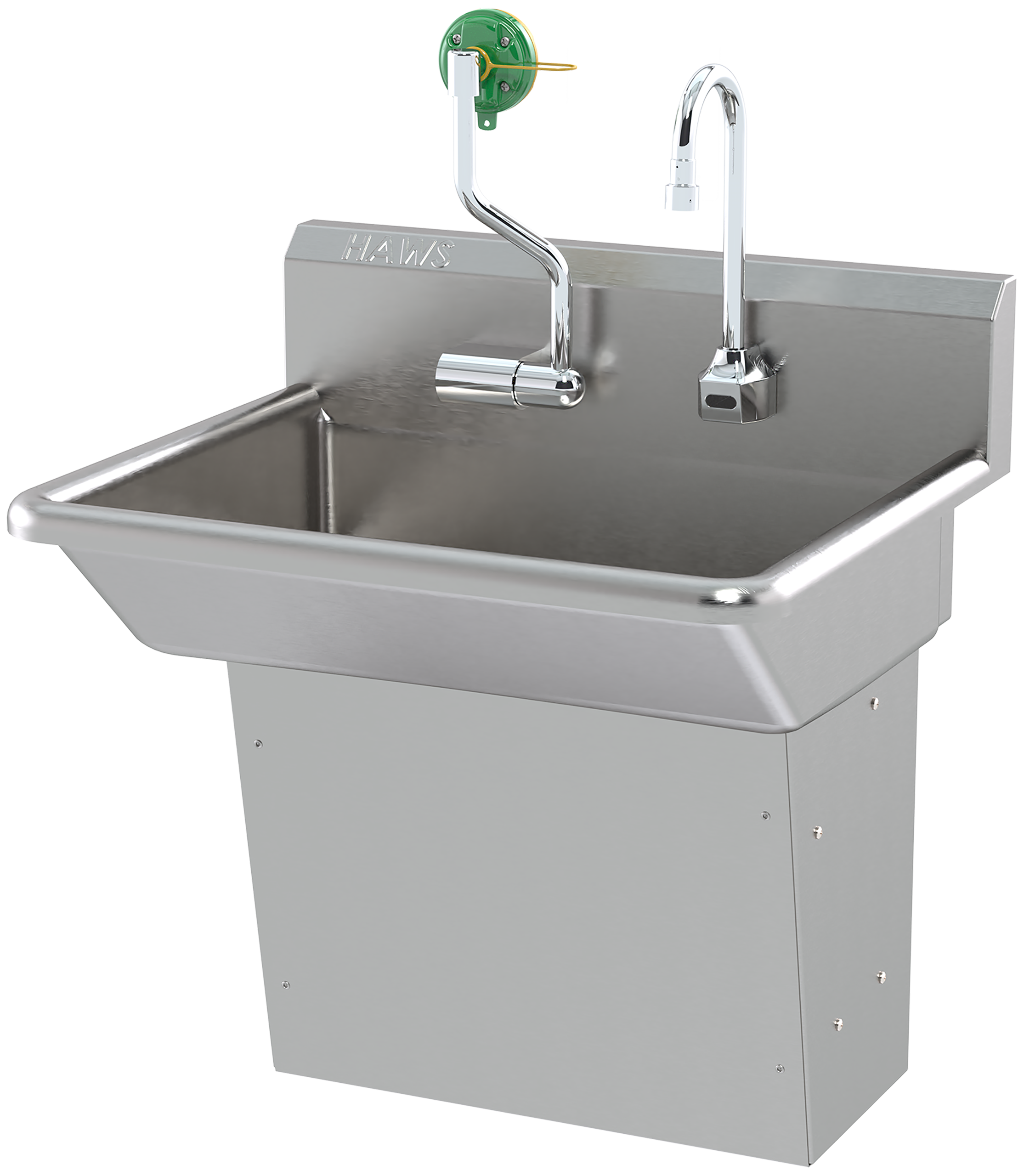 Wall-Mounted Barrier-Free Motion-Activated, Stainless-Steel Hand Wash Sink With Axion Msr Eye/Face Wash. 