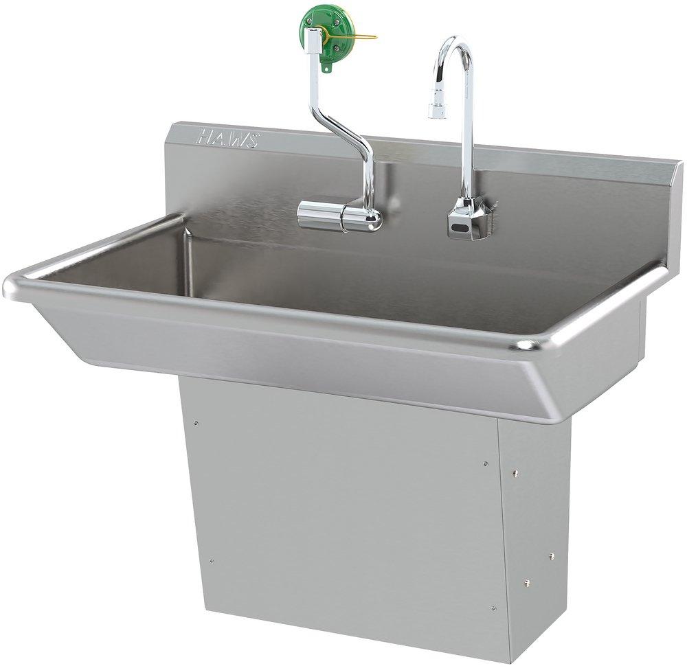 MODEL 7661 WALL-MOUNTED, BARRIER-FREE MOTION-ACTIVATED, STAINLESS-STEEL HAND WASH SINK WITH MOTION-ACTIVATED FAUCET AND AXION MSR EYE/FACE WASH. 