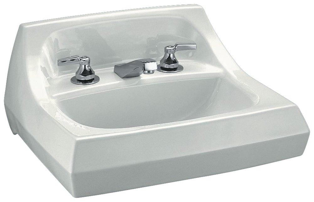 KOHLER White Vitreous China Wall Mount Lavatory Sink with 4 in. Centerset Faucet and Left Hand Soap Dispenser 