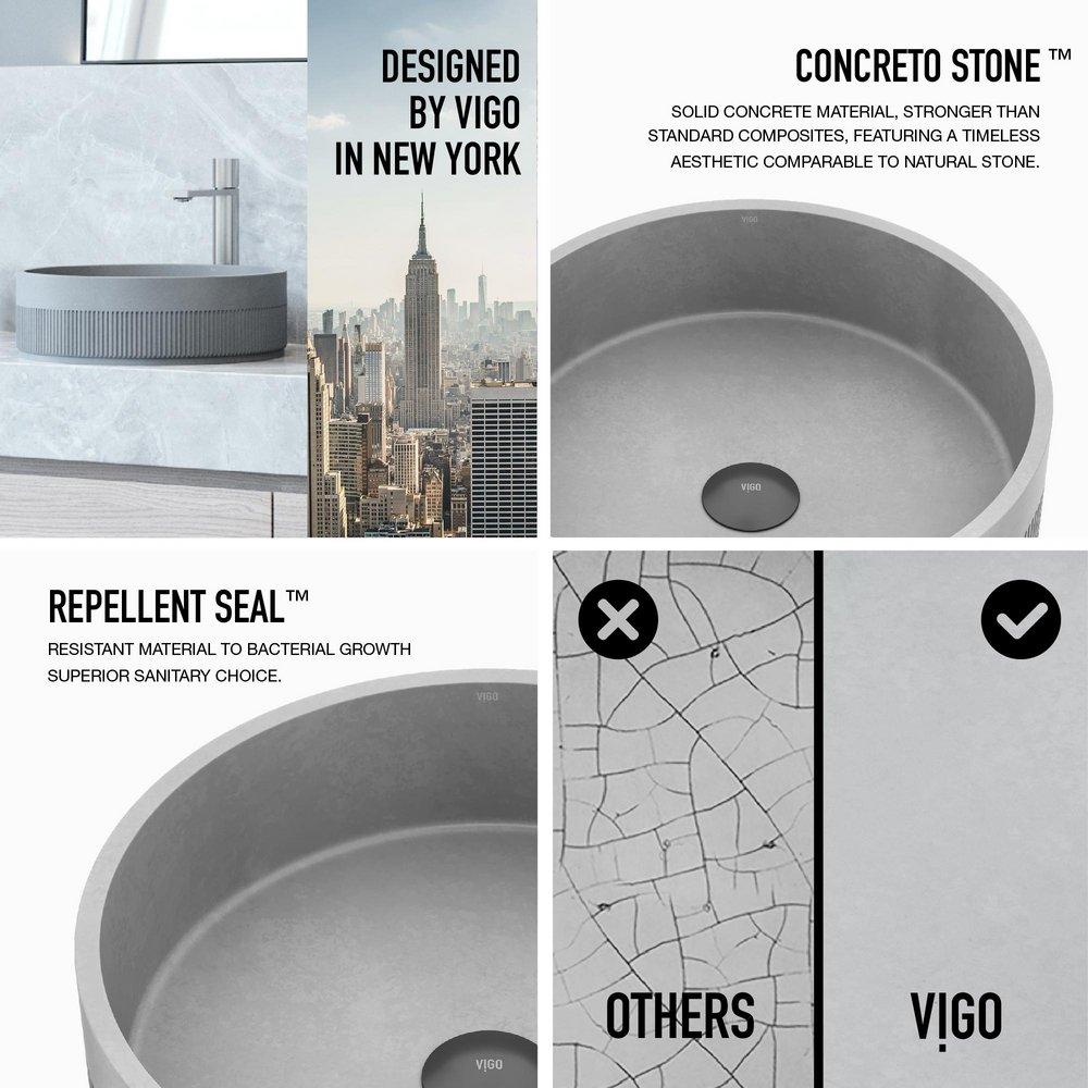 THE CYPRESS CONCRETO STONE ROUND FLUTED BATHROOM VESSEL SINK IS A BREATHTAKING BLEND OF TIMELESS ELEGANCE AND MODERN DESIGN. ITS EXTERIOR REVEALS AN INTRICATE FLUTED DESIGN ADDING A TOUCH OF ARTISTIC 