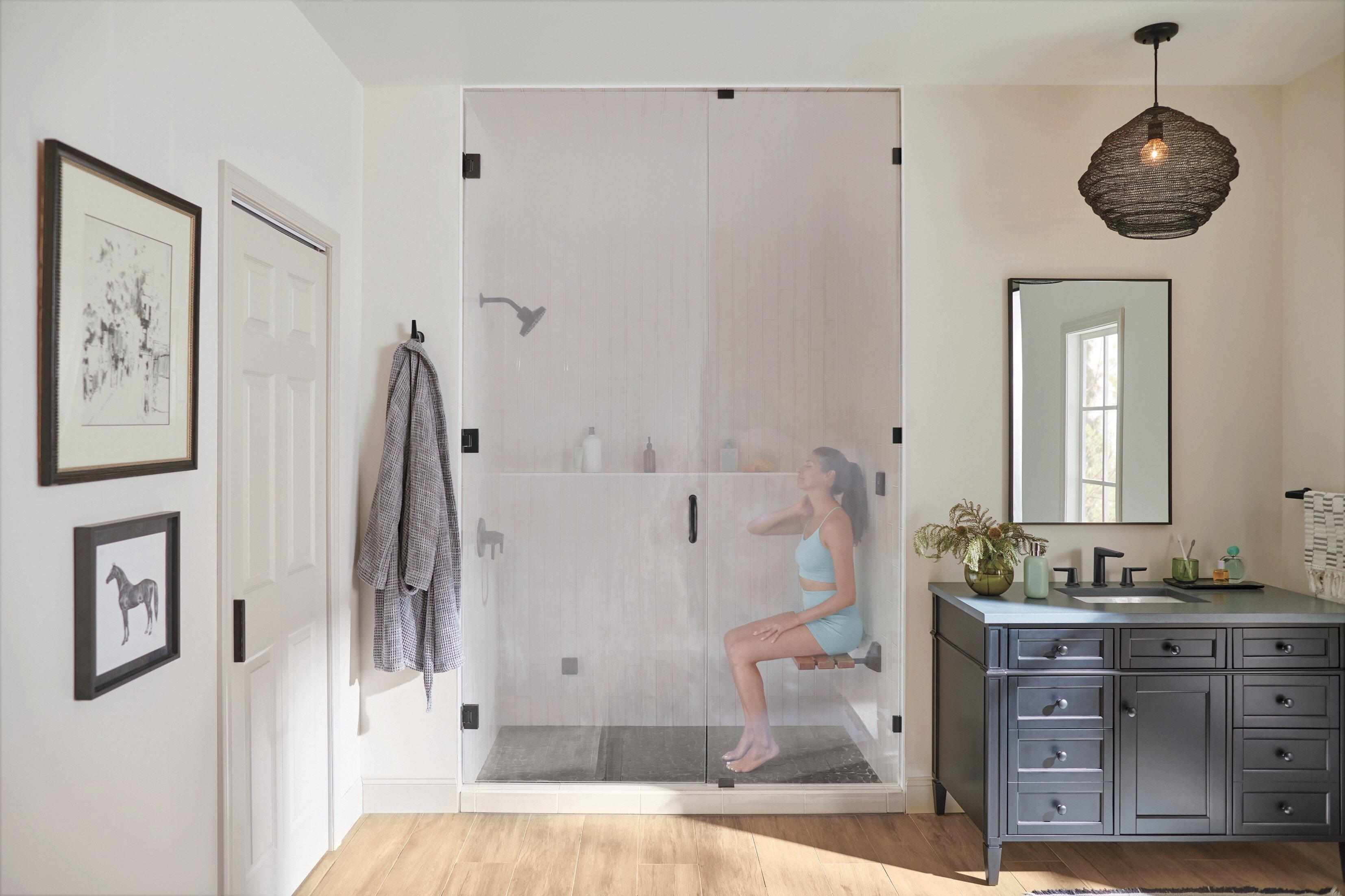 Teak Wood Tilt-Up Shower Seat with Matte Black Support Arms 