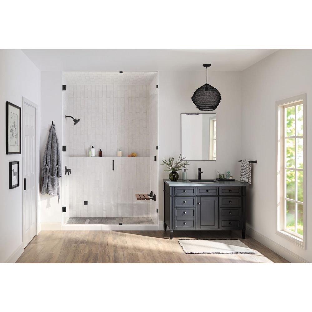 Teak Wood Tilt-Up Shower Seat with Matte Black Support Arms 
