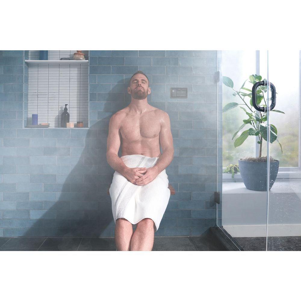 Teak Wood Tilt-Up Shower Seat with Matte Black Support Arms 