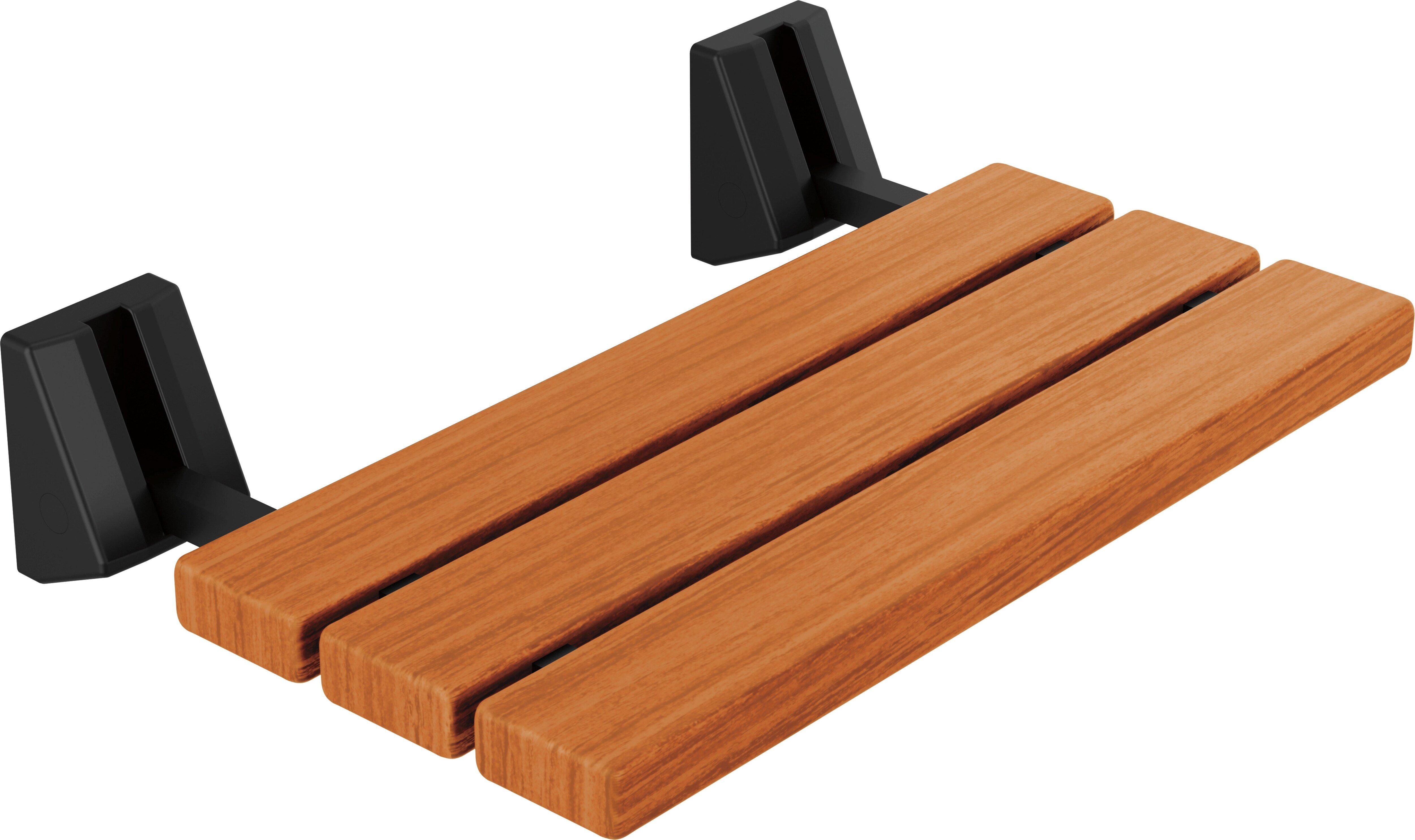 Teak Wood Tilt-Up Shower Seat with Matte Black Support Arms 