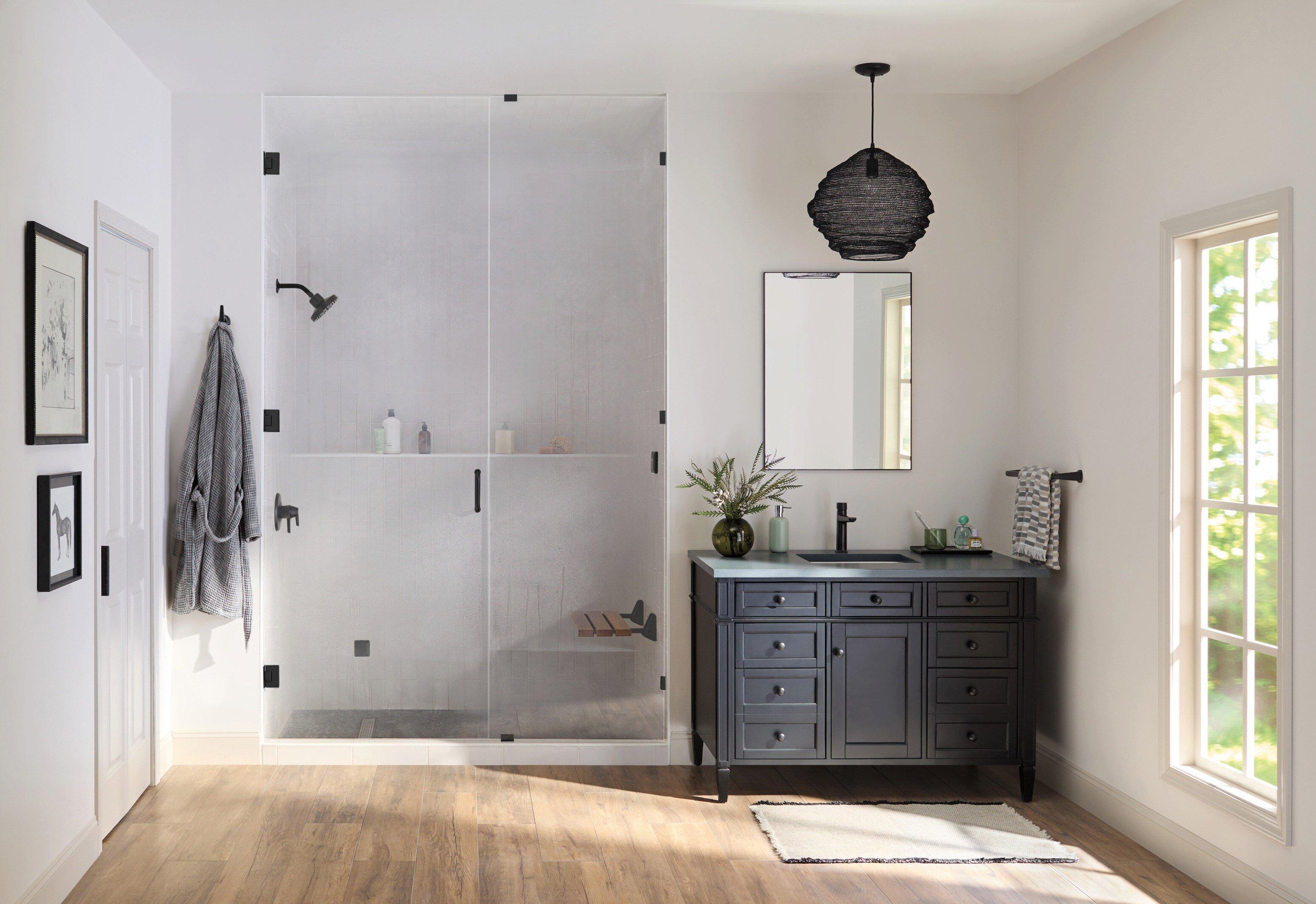 Teak Wood Tilt-Up Shower Seat with Matte Black Support Arms 