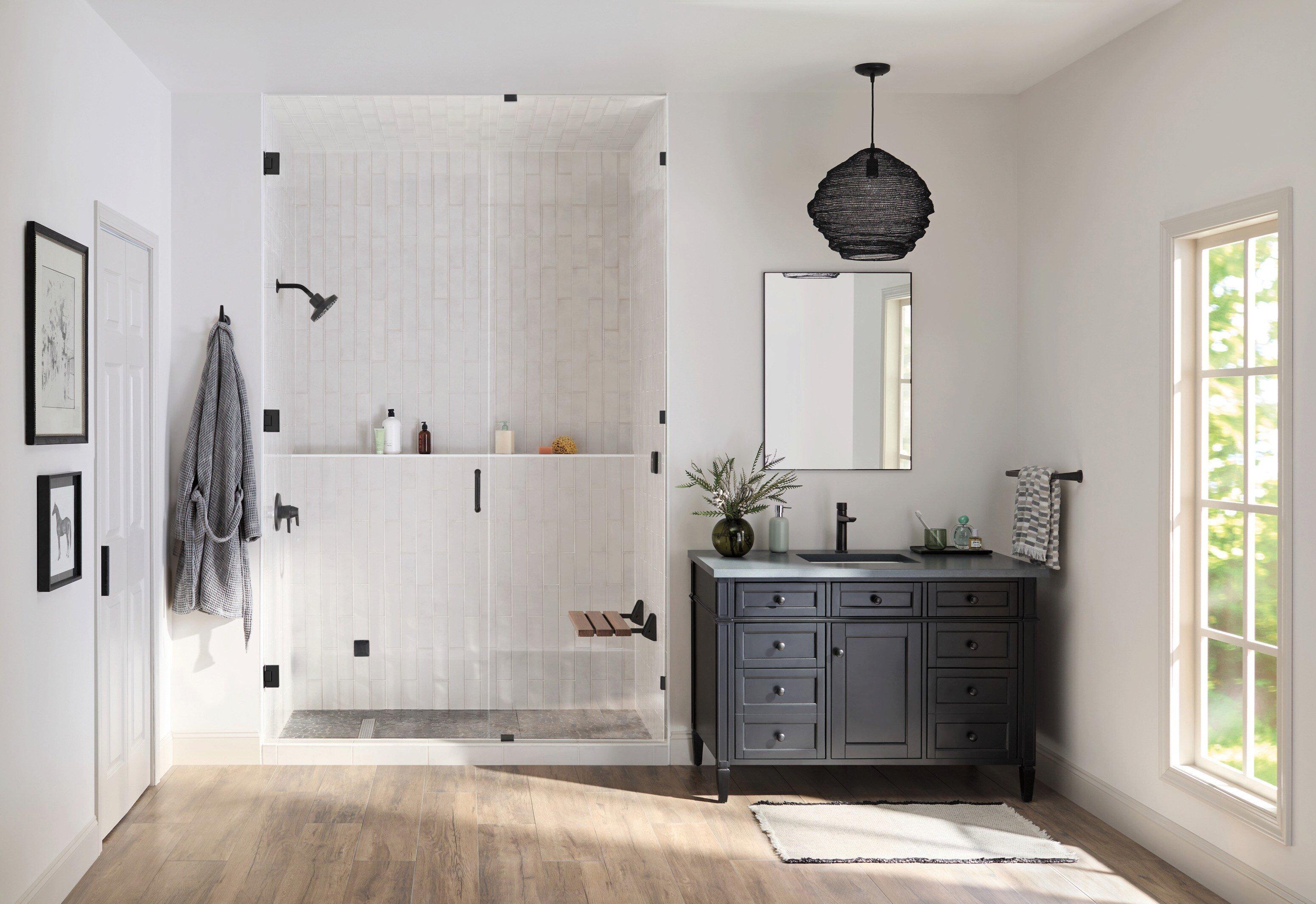 Teak Wood Tilt-Up Shower Seat with Matte Black Support Arms 