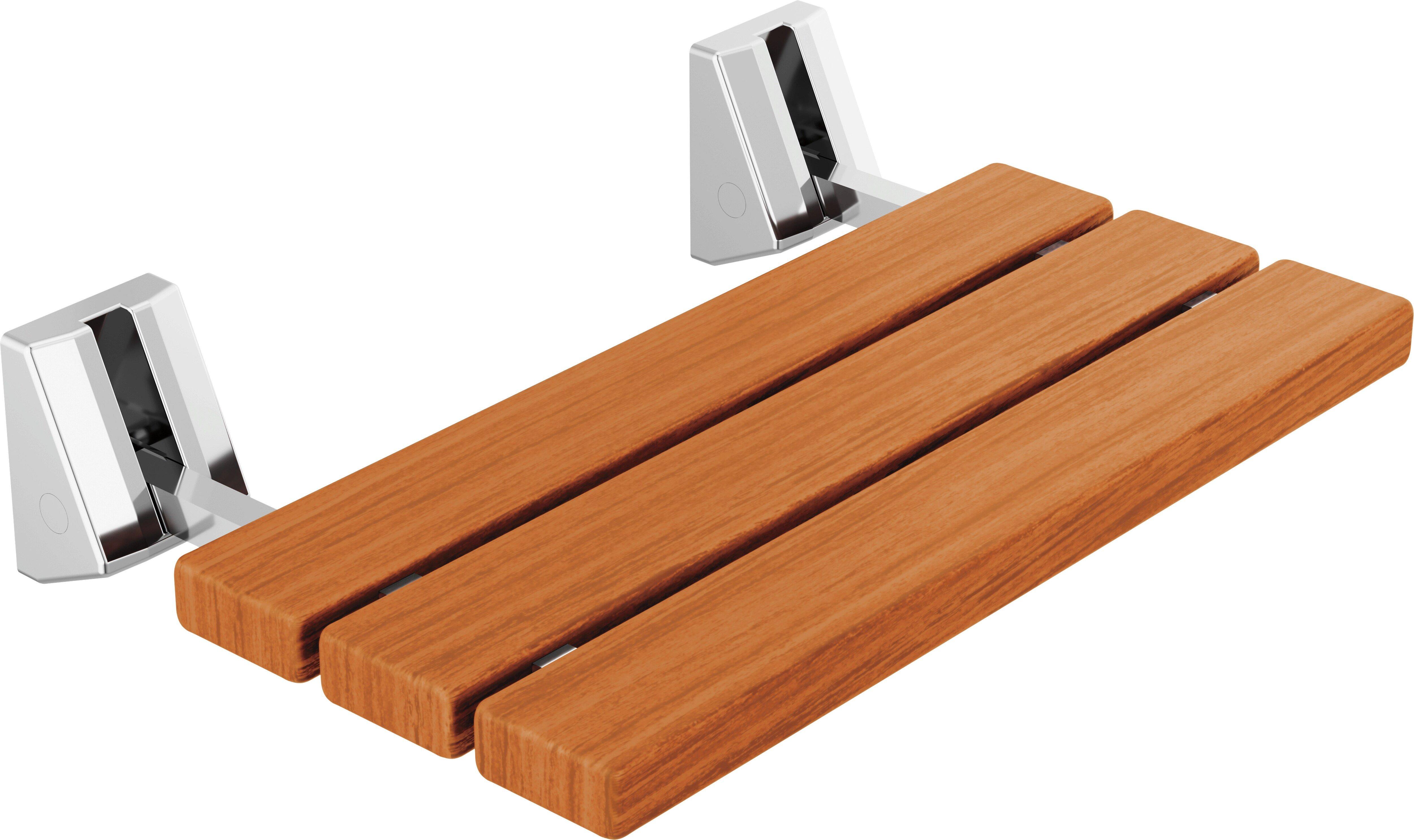 Teak Wood Tilt-Up Shower Seat with Chrome Support Arms 