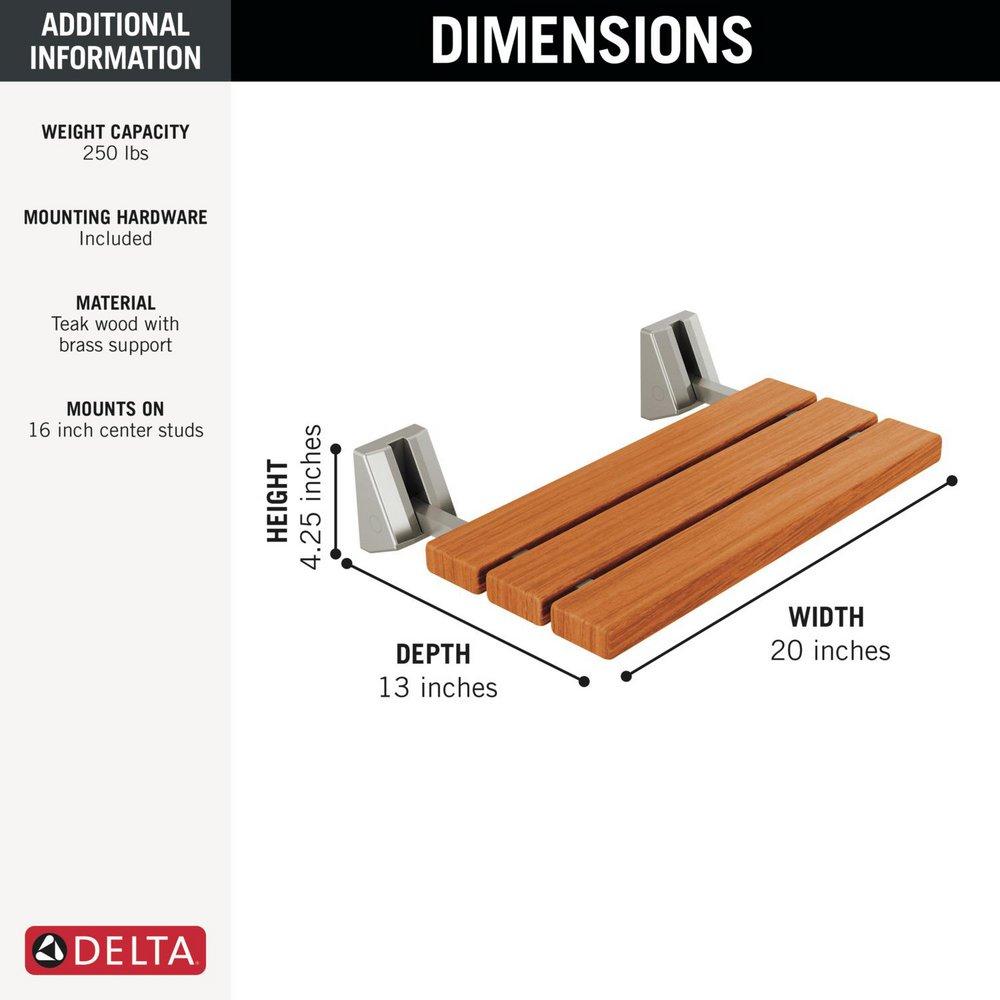 Tilt-Up Wood Shower Seat with Mounting Brackets in Stainless Steel 