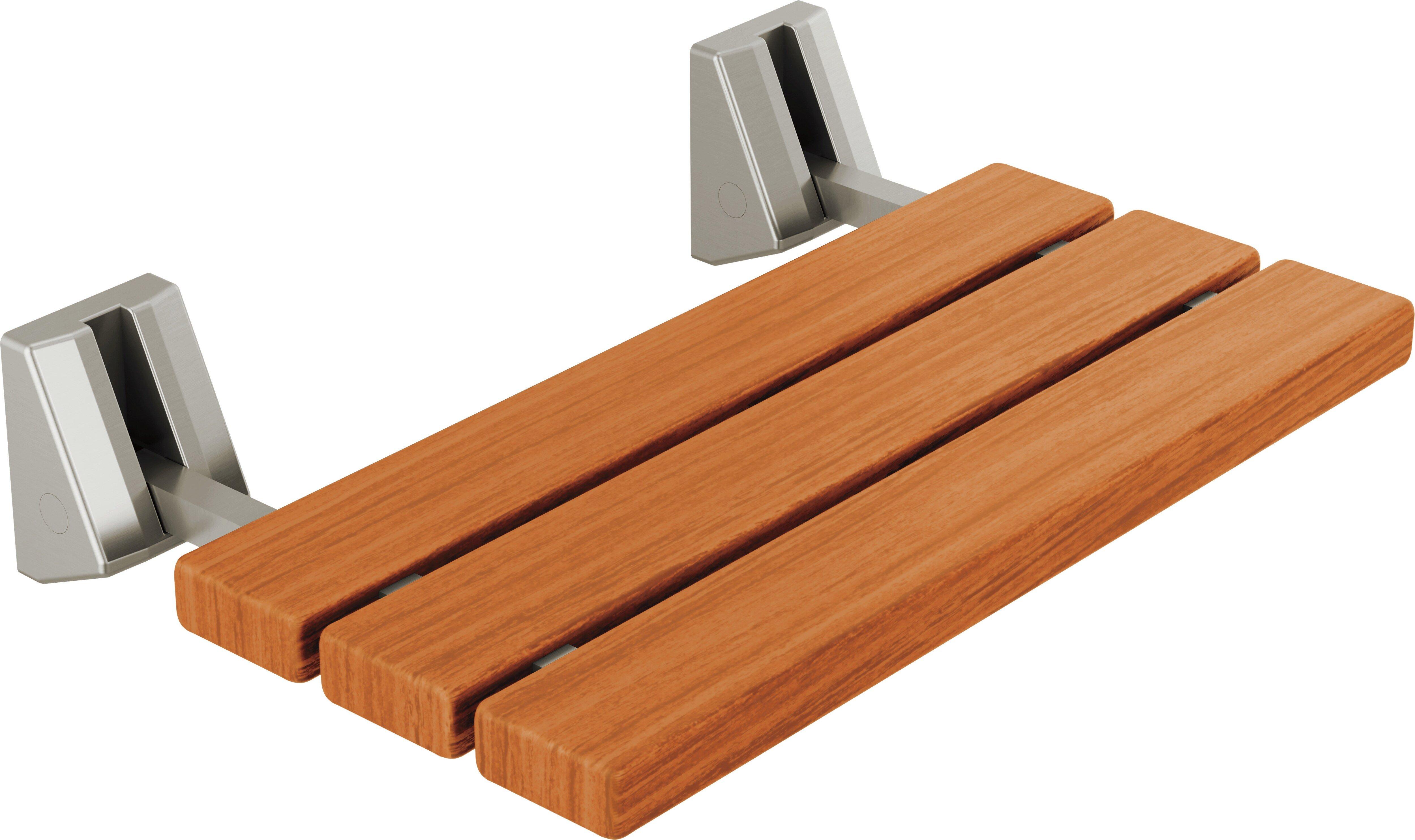 Tilt-Up Wood Shower Seat with Mounting Brackets in Stainless Steel 