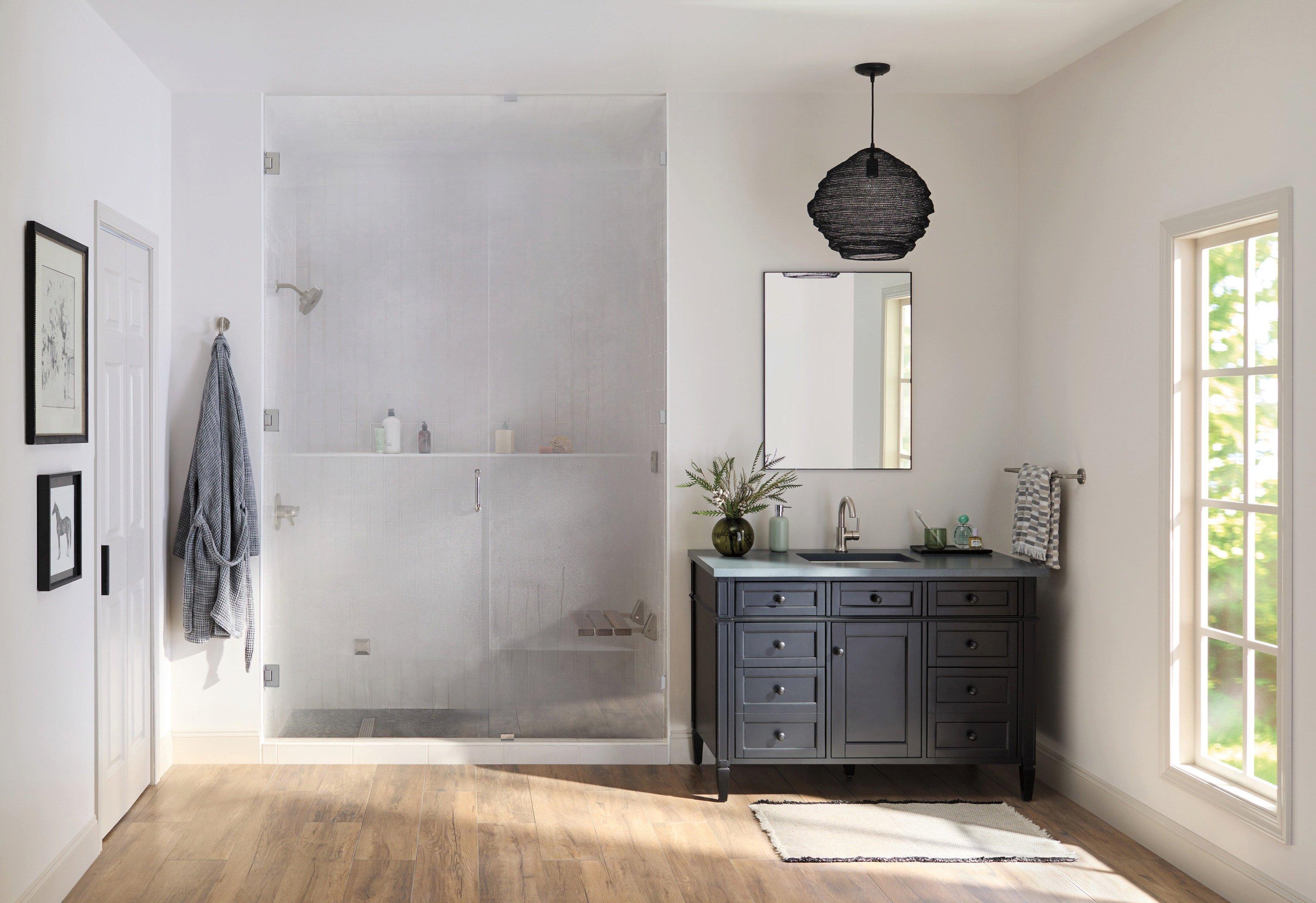 Tilt-Up Wood Shower Seat with Mounting Brackets in Stainless Steel 