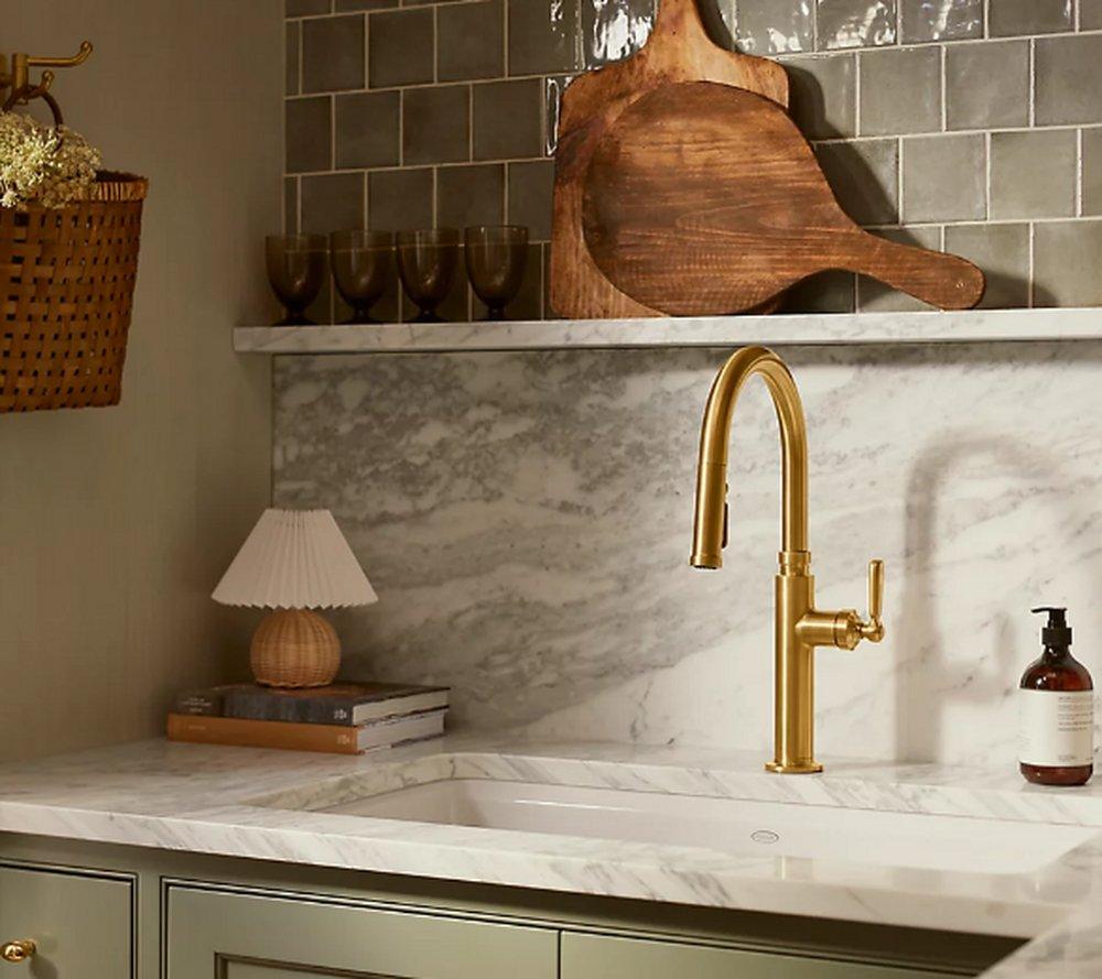 KOHLER Vibrant Brushed Moderne Brass Single Handle Pull Down Kitchen Faucet 