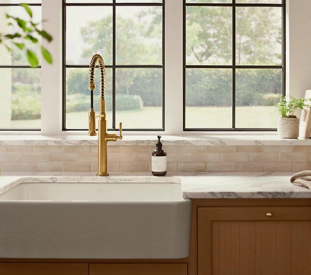 KOHLER Vibrant Brushed Moderne Brass Single Handle Pre-Rinse Pull Down Kitchen Faucet 