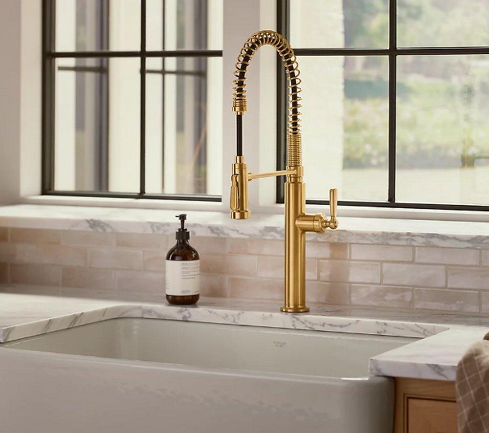 KOHLER Vibrant Brushed Moderne Brass Single Handle Pre-Rinse Pull Down Kitchen Faucet 
