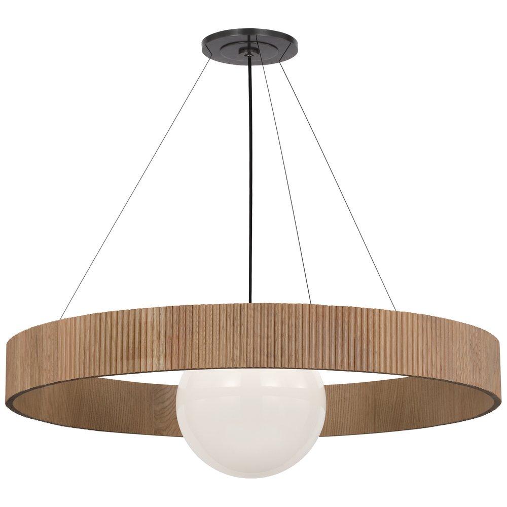 ARENA 42 RING & GLOBE CHANDELIER BRONZE & NATURAL OAK W/ WHITE GLASS 