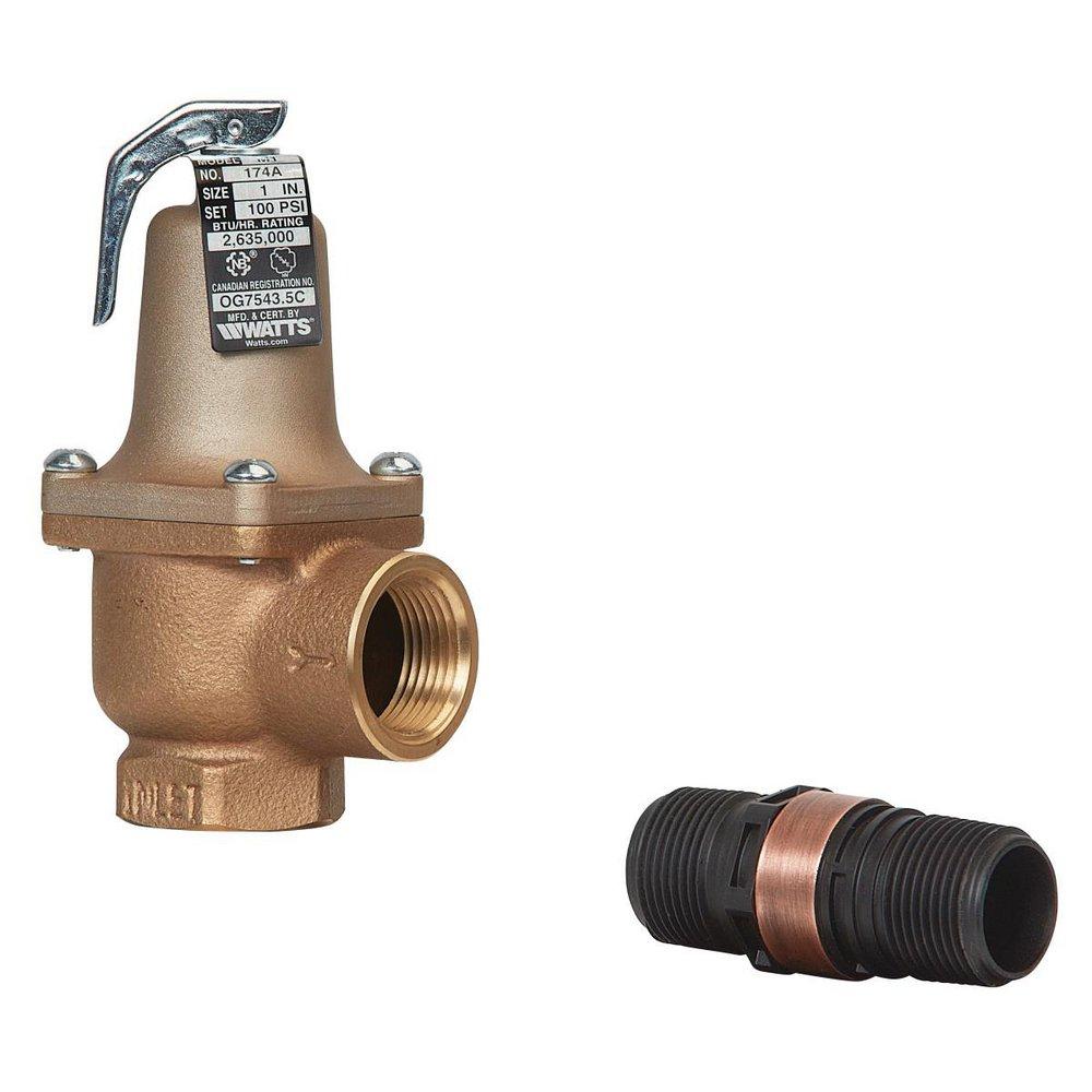 1 IN 174A BRONZE BOILER PRESSURE RELIEF VALVE 125 PSI DISCHARGE LINE FLOOD SENSOR INCLUDED 
