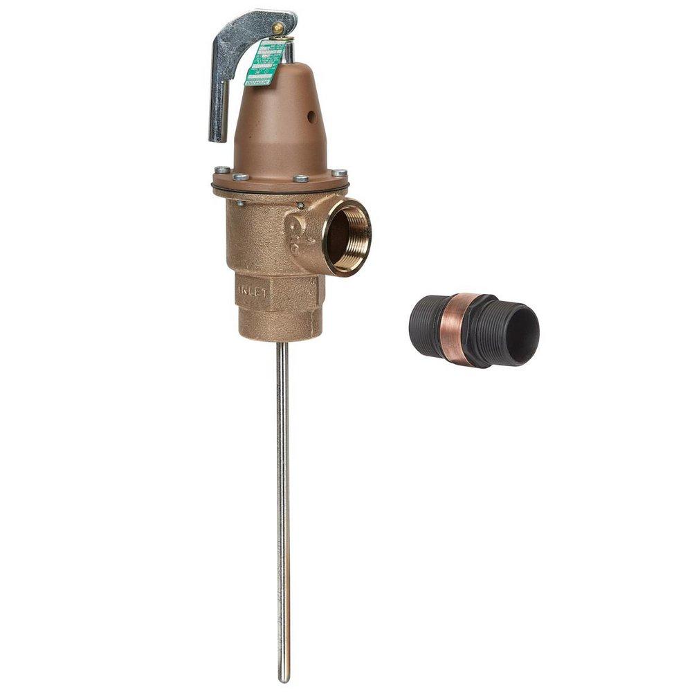 1 1/2 IN 340-3 BRONZE AUTOMATIC RESEATING TEMPERATURE AND PRESSURE RELIEF VALVE 125 PSI 210 DEGREE F 3 IN SS THERMOSTAT DISCHARGE LINE FLOOD SENSOR INCLUDED 