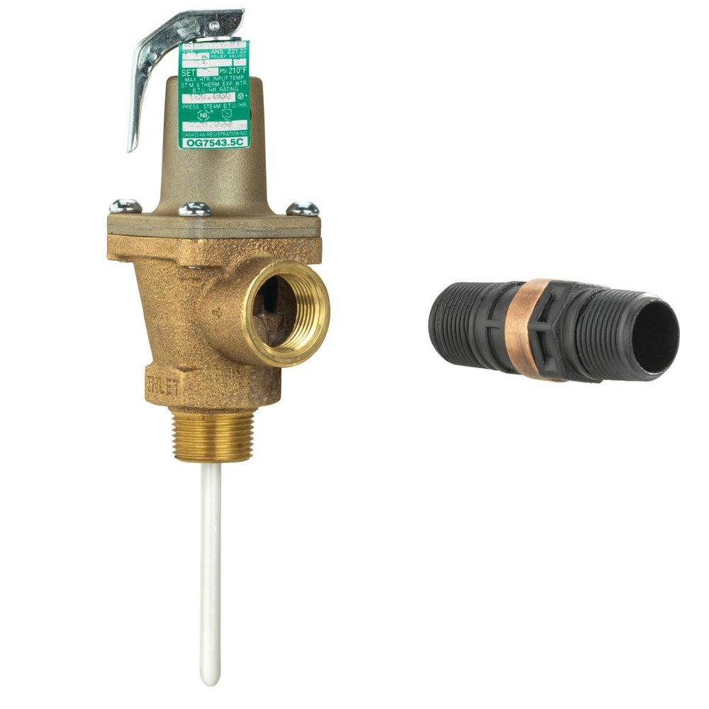 3/4 IN 40L-3 BRONZE AUTOMATIC RESEATING TEMPERATURE AND PRESSURE RELIEF VALVE 150 PSI 210 DEGREE F 3 IN COATED THERMOSTAT DISCHARGE LINE FLOOD SENSOR INCLUDED 