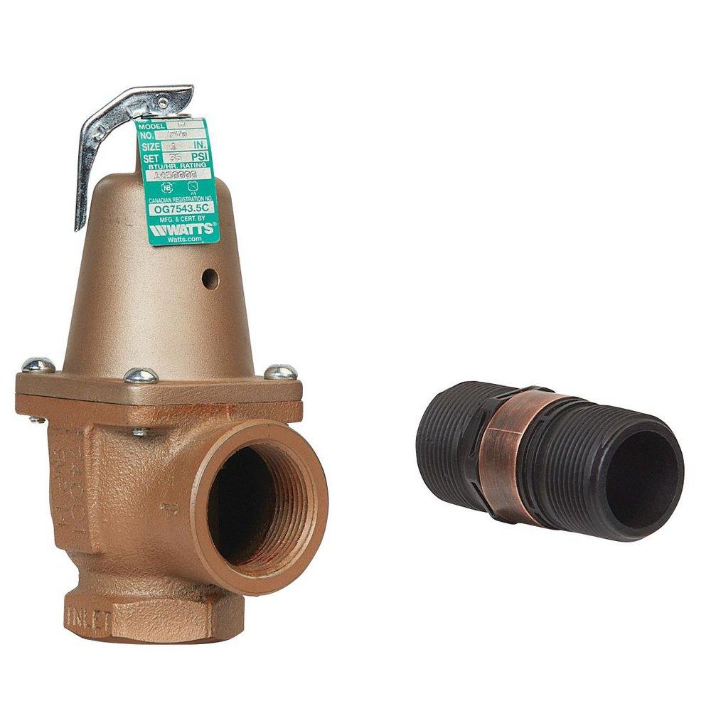 1 IN 740 IRON BOILER PRESSURE RELIEF VALVE 45 PSI EXPANDED OUTLETS DISCHARGE LINE FLOOD SENSOR INCLUDED 