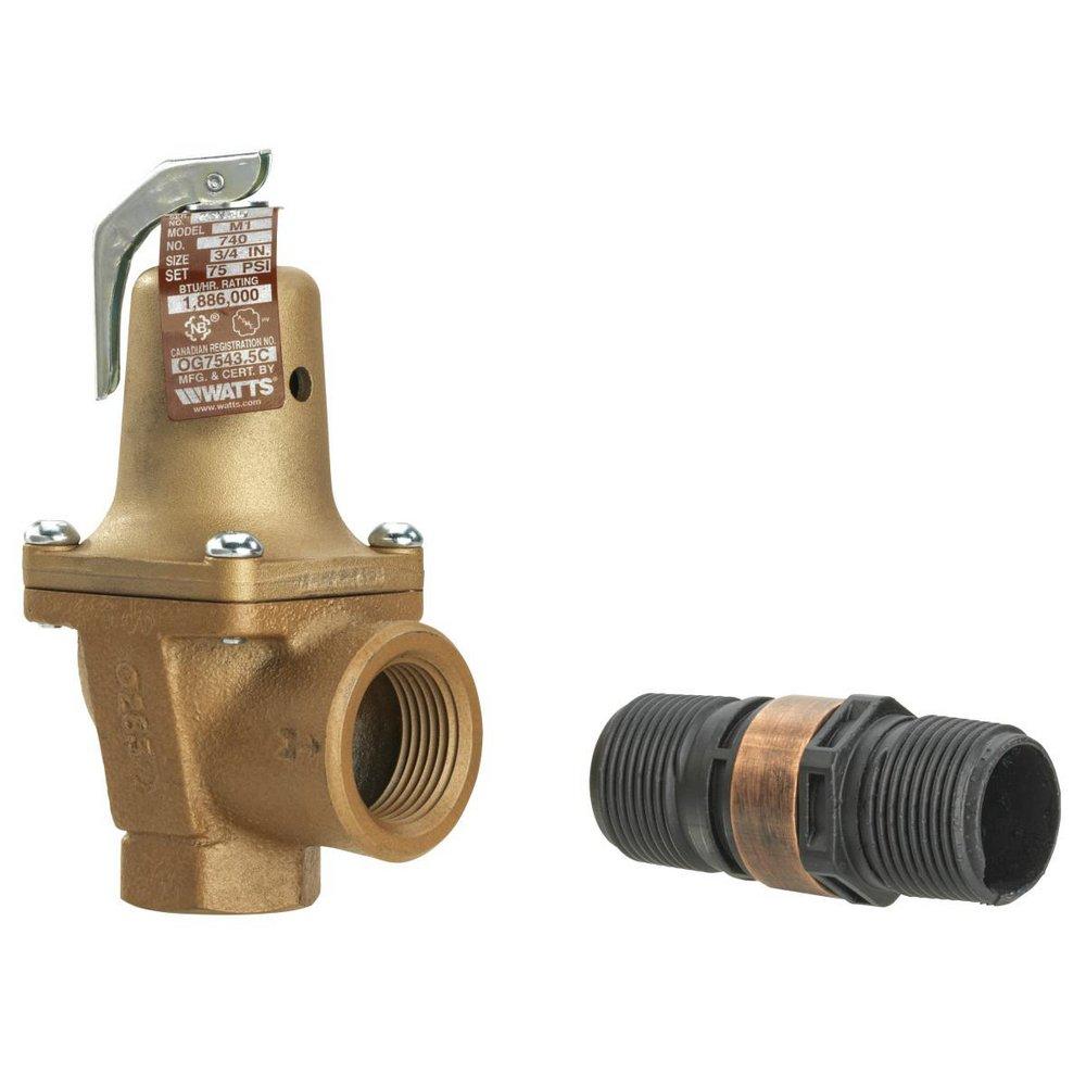 3/4 IN 740 IRON BOILER PRESSURE RELIEF VALVE 75 PSI EXPANDED OUTLETS DISCHARGE LINE FLOOD SENSOR INCLUDED 