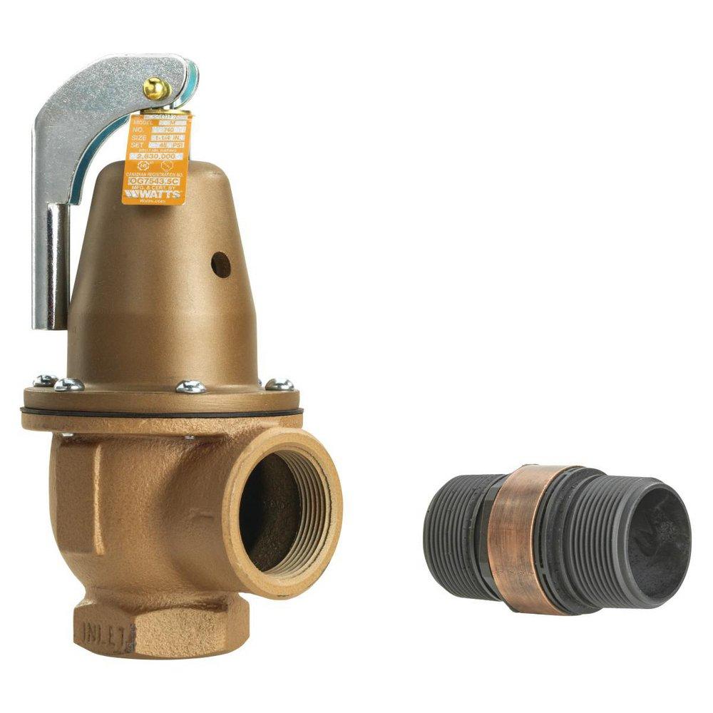 1 1/4 IN 740 IRON BOILER PRESSURE RELIEF VALVE 75 PSI EXPANDED OUTLETS DISCHARGE LINE FLOOD SENSOR INCLUDED 