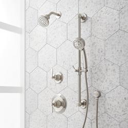Pressure Balanced Shower System in Brushed Nickel with Shower Head, Hand Shower, Slide Bar, Shower Arm, Hose, and Valve Trim