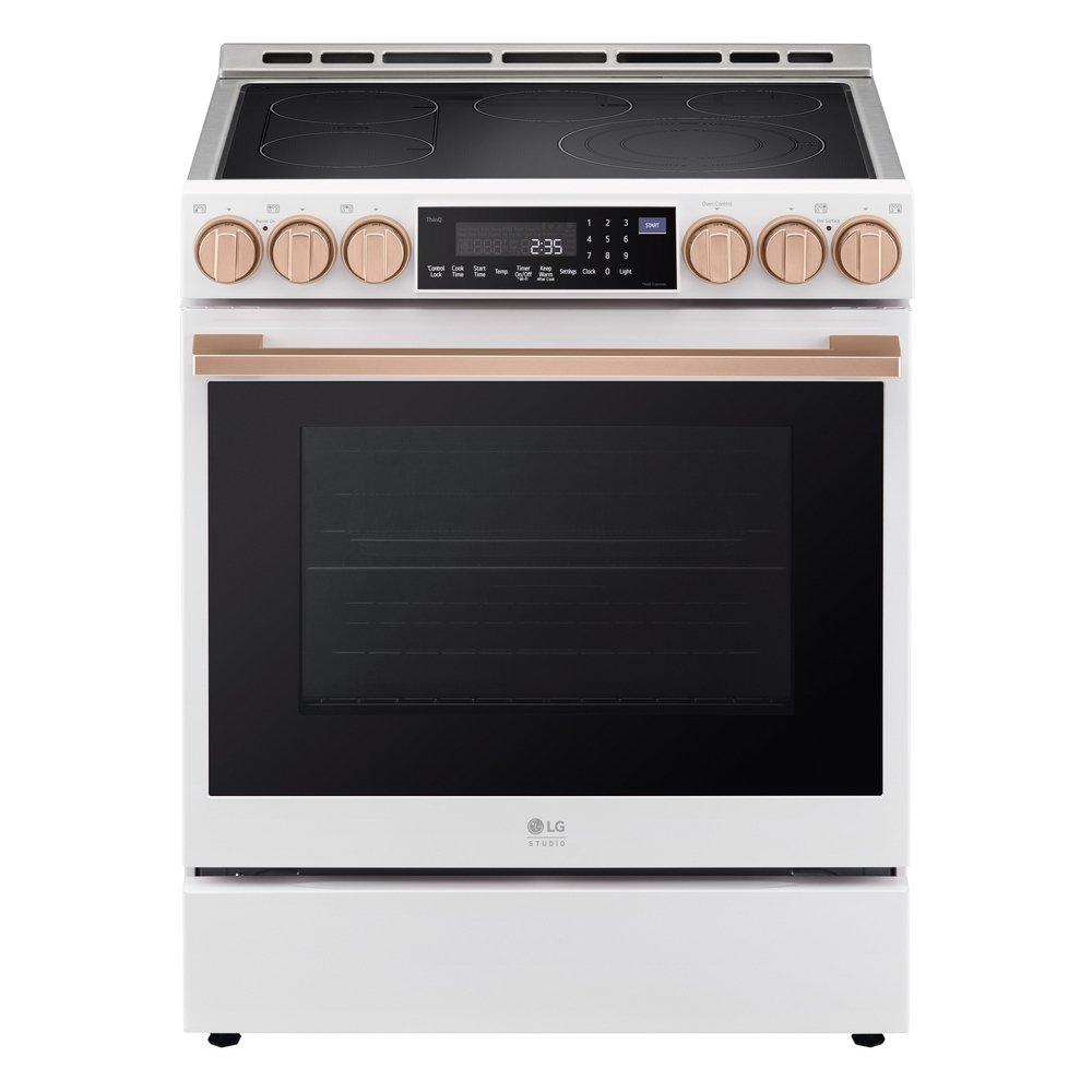 LG STUDIO 6.3 CU.FT. LARGE CAPACITY 30 SLIDE-IN ELECTRIC RANGE, PROBAKE CONVECTION, INFRARED GRILLÁ SYSTEM, EASY CLEAN, INSTAVIEW, AIR FRY, AIR SOUR VIDE, SOFT CLOSING DOOR, ESSENCE WHITE 