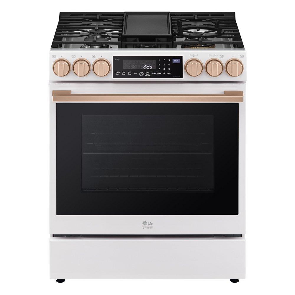 LG STUDIO 6.3 CU.FT. LARGE CAPACITY 30 SLIDE-IN GAS RANGE, PROBAKE CONVECTION, INFRARED GRILLÁ SYSTEM, EASY CLEAN, INSTAVIEW, AIR FRY, AIR SOUR VIDE, SOFT CLOSING DOOR, ESSENCE WHITE 