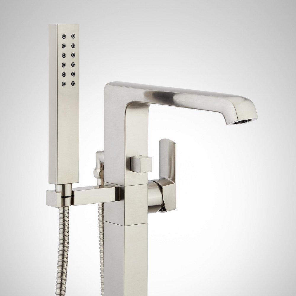 Signature Hardware Brushed Nickel Floor Mount Tub Filler Faucet with Hand Shower - Less Valve 