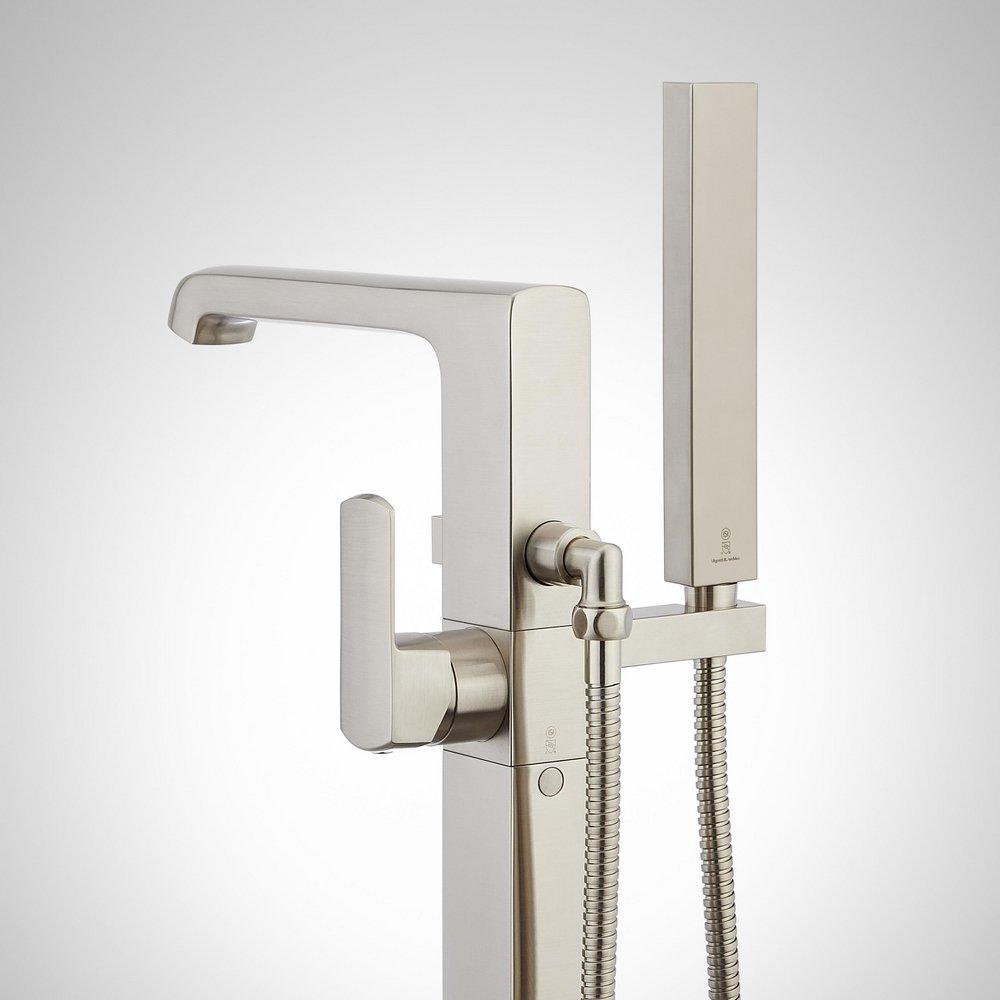 Signature Hardware Brushed Nickel Floor Mount Tub Filler Faucet with Hand Shower - Less Valve 