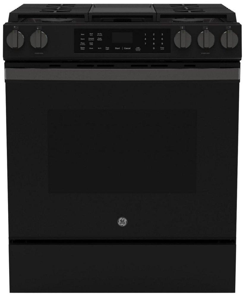 GE&reg; Fingerprint Resistant Black Slate 30 in. 4-Burner Gas Slide-In Range with Griddle and No Preheat Air Fry 