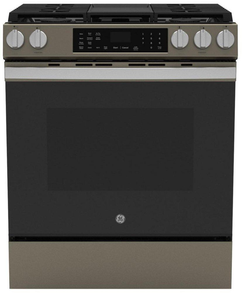 GE® Fingerprint Resistant Slate 30 in. 4-Burner Gas Slide-In Range with Griddle and No Preheat Air Fry 