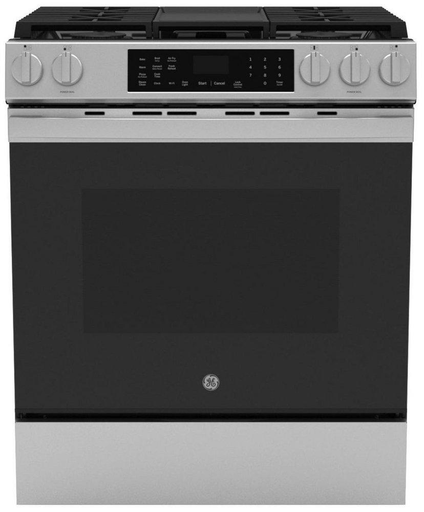 GE&reg; Fingerprint Resistant Stainless Steel 30 in. 4-Burner Gas Slide-In Range with Griddle and No Preheat Air Fry 
