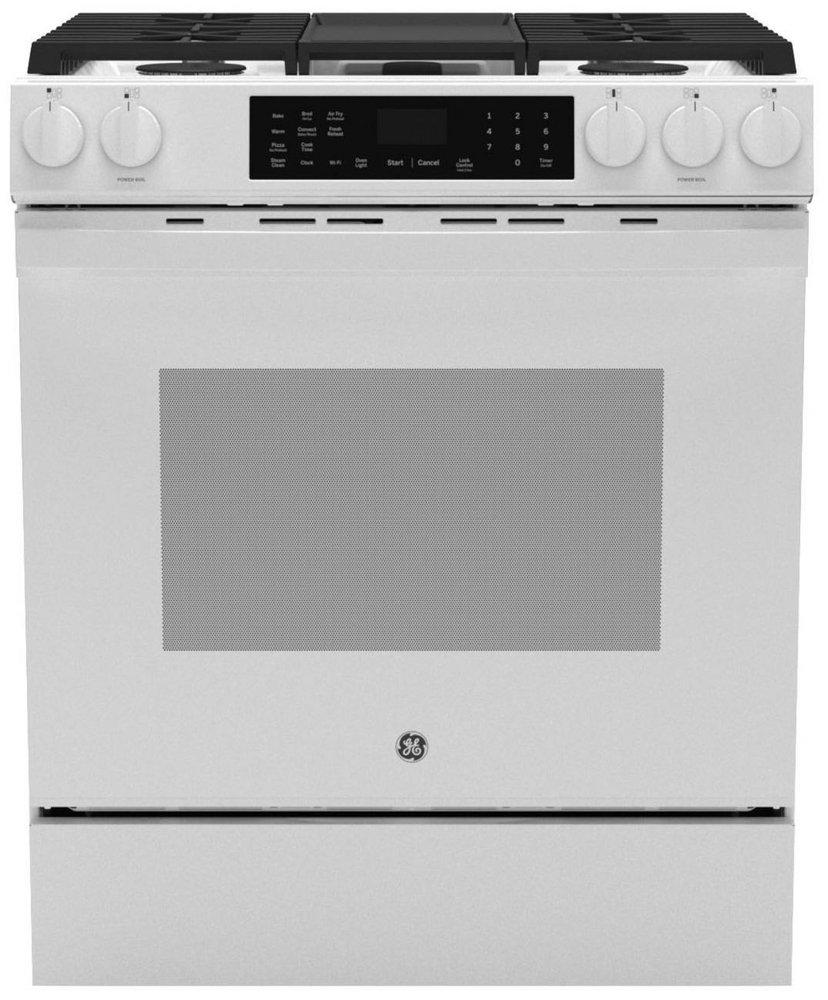 GE&reg; White 30 in. 4-Burner Gas Slide-In Range with Griddle and No Preheat Air Fry 