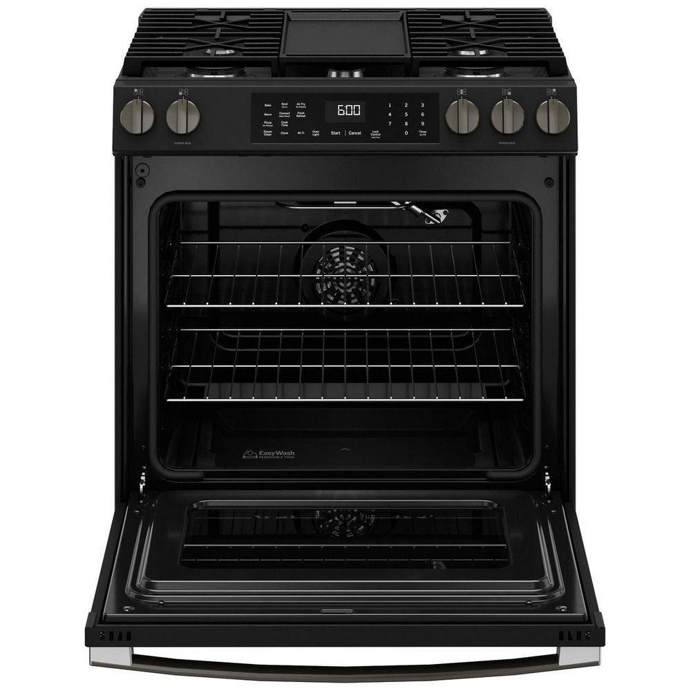GE&reg; White 30 in. 4-Burner Gas Slide-In Range with Griddle and No Preheat Air Fry 