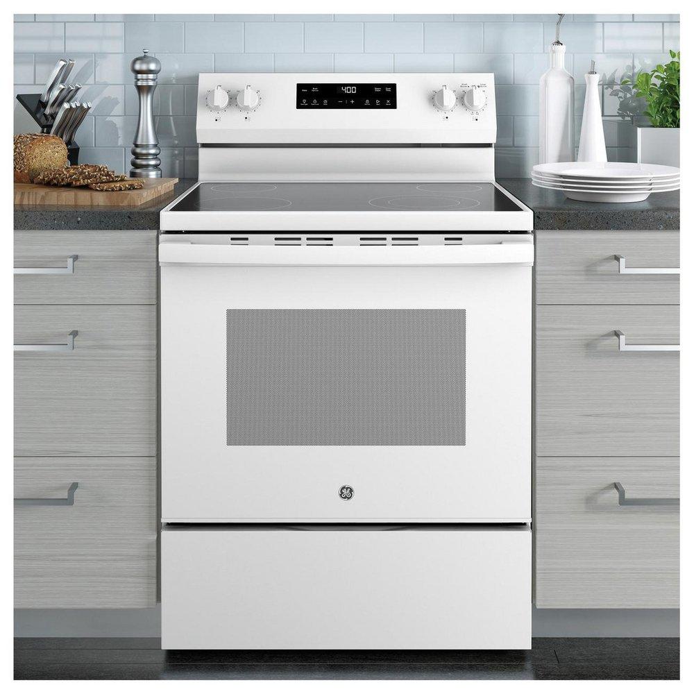 GE&reg; White "30 in. 4-Burner Electric Freestanding Range" 