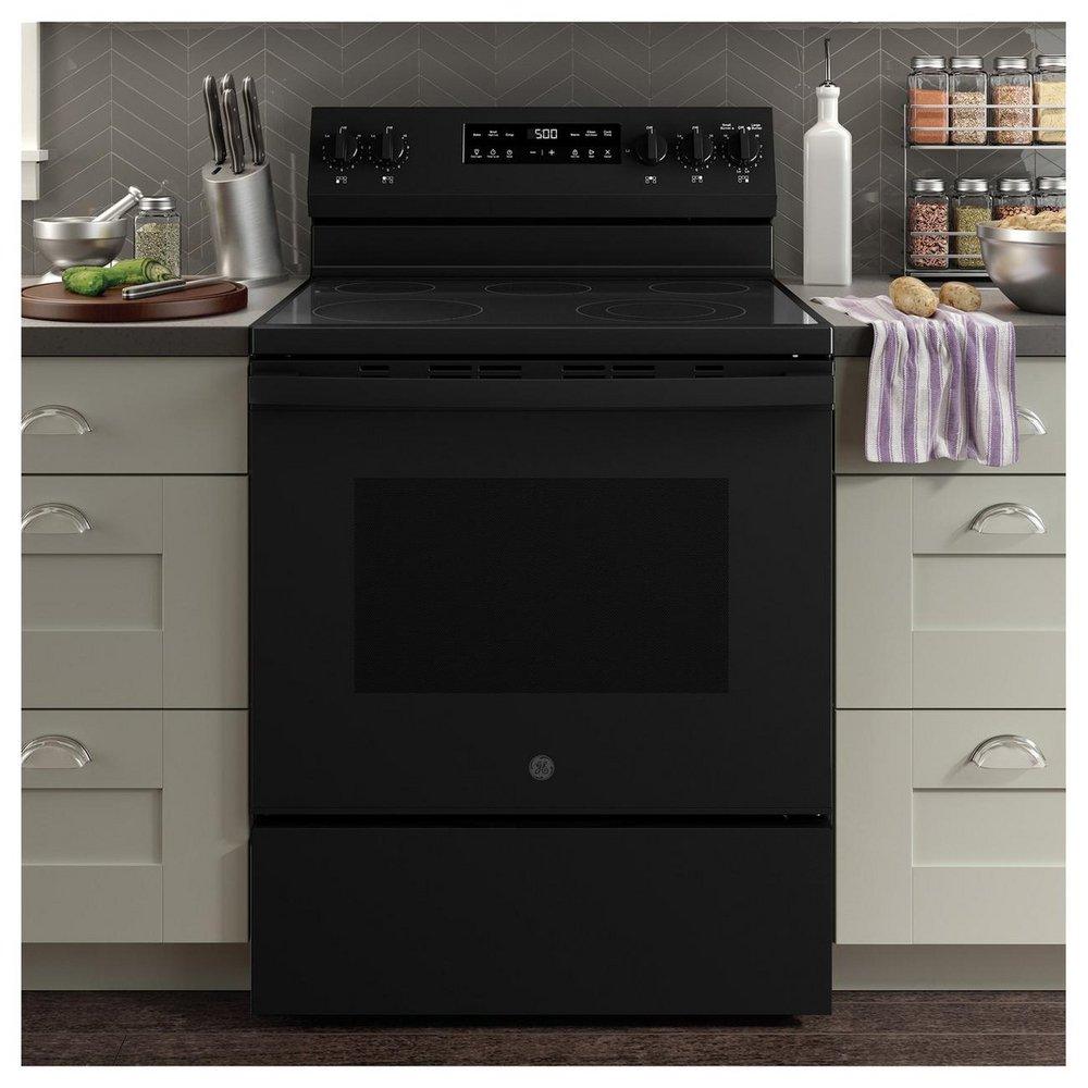 GE&reg; Black 30 in. 4-Burner Electric Freestanding Range with Crisp Mode 