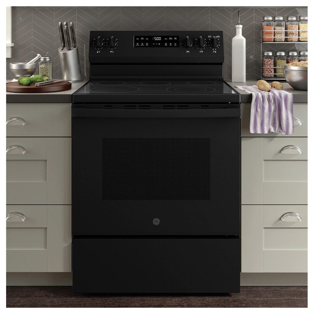 GE&reg; Black "30 in. 4-Burner Electric Freestanding Range with Crisp Mode" 