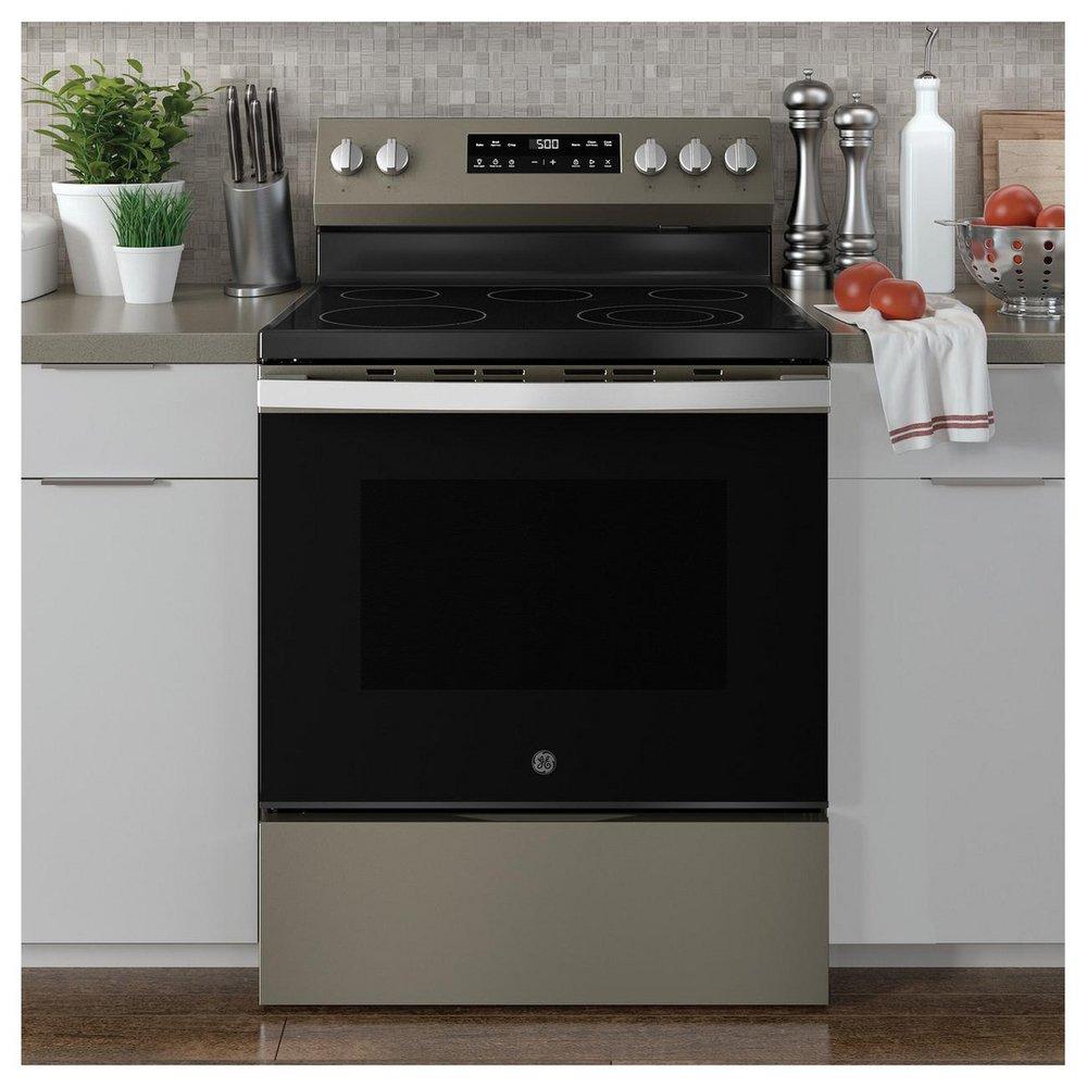 GE&reg; Slate "30 in. 4-Burner Electric Freestanding Range with Crisp Mode" 