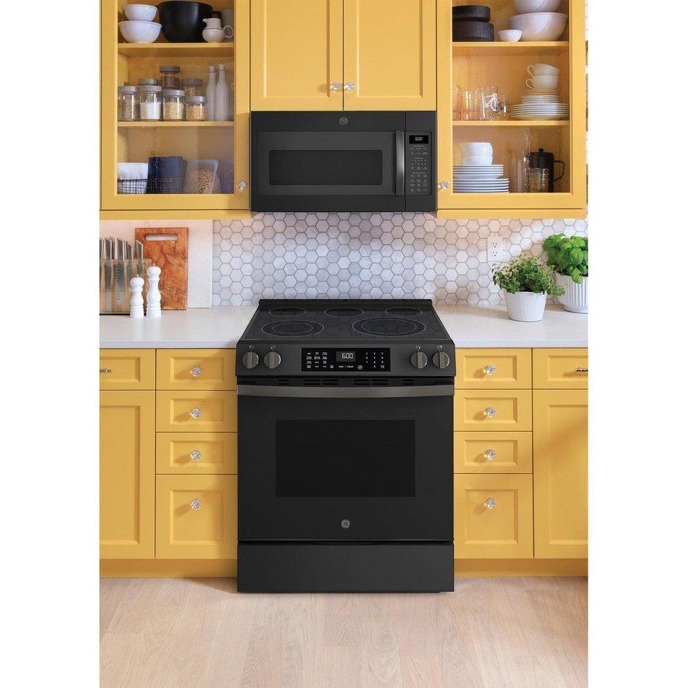 GE&reg; Black 30 in. 5-Burner Electric Slide-In Range with No Preheat Air Fry 