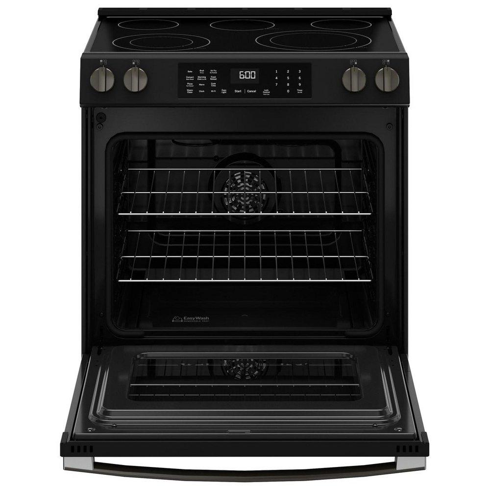GE&reg; Black 30 in. 5-Burner Electric Slide-In Range with No Preheat Air Fry 