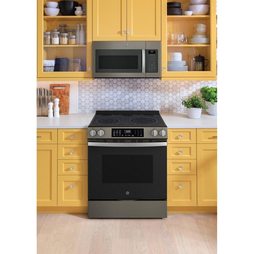 GE&reg; Fingerprint Resistant Slate 30 in. 5-Burner Electric Slide-In Range with No Preheat Air Fry 