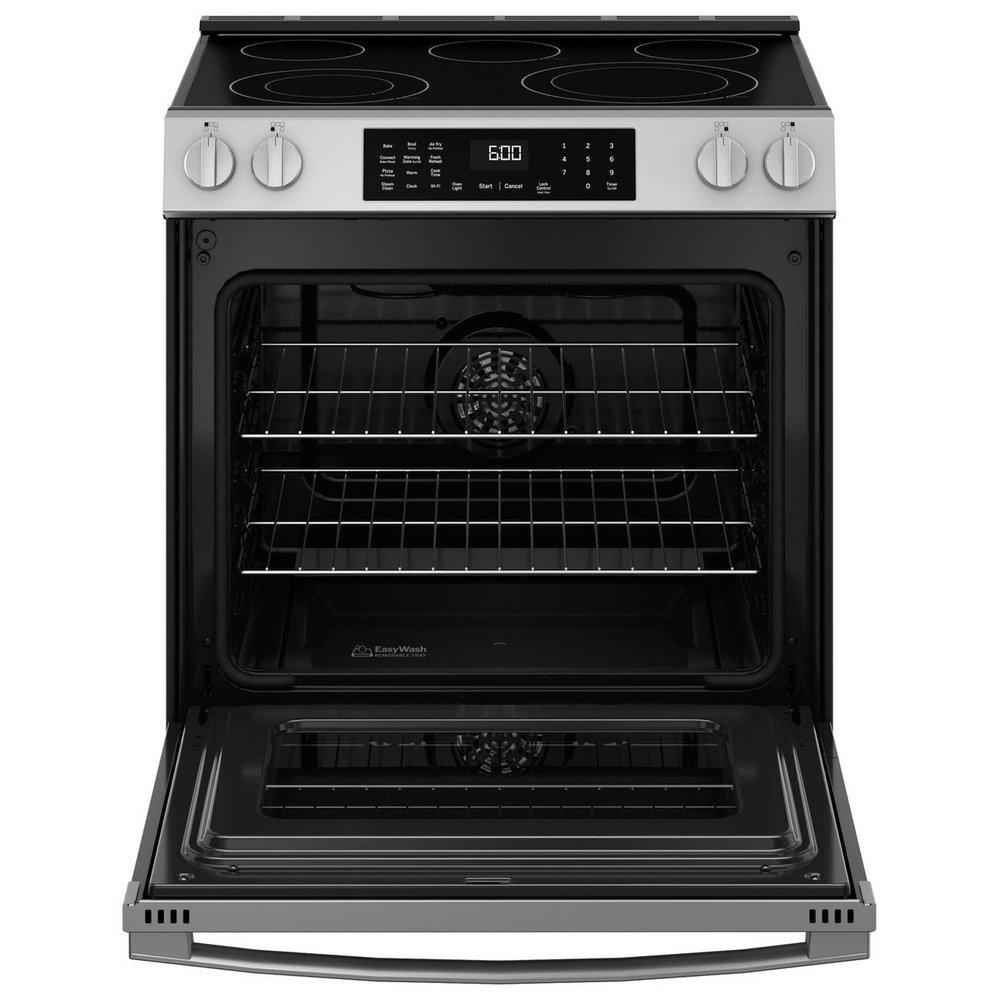 GE&reg; Fingerprint Resistant Stainless Steel 30 in. 5-Burner Electric Slide-In Range with No Preheat Air Fry 