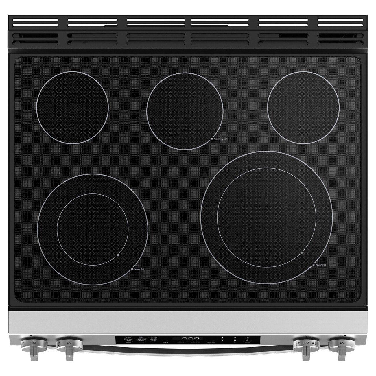 GE&reg; Stainless "30 in. 5-Burner Electric Slide-In Range with No Preheat Air Fry" 