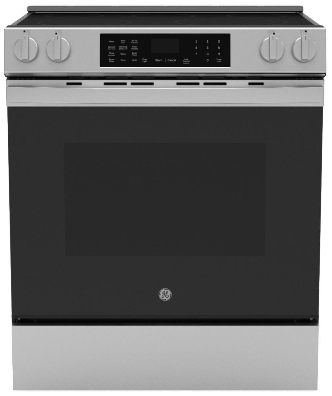 GE&reg; Stainless "30 in. 5-Burner Electric Slide-In Range with No Preheat Air Fry" 