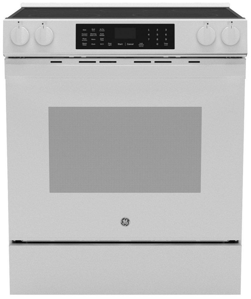 GE&reg; White 30 in. 5-Burner Electric Slide-In Range with No Preheat Air Fry 